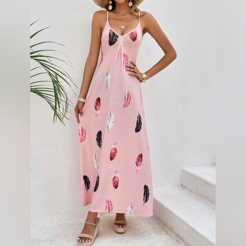 Loose Pink Feather Print Maxi Dress